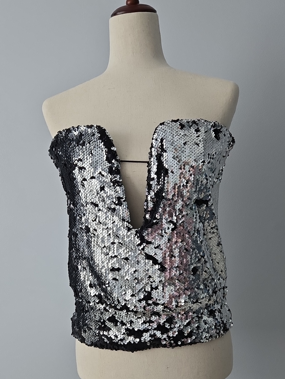Isabel Marant Mandy Sequin Silver Strapless Plunge Corset Top, sL